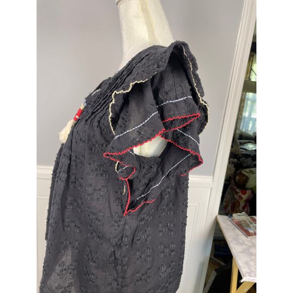 ACOS&A, Size Large, Black Blouse, Embroidered, Flutter Sleeve, Boho, Tassel - Picture 5 of 9